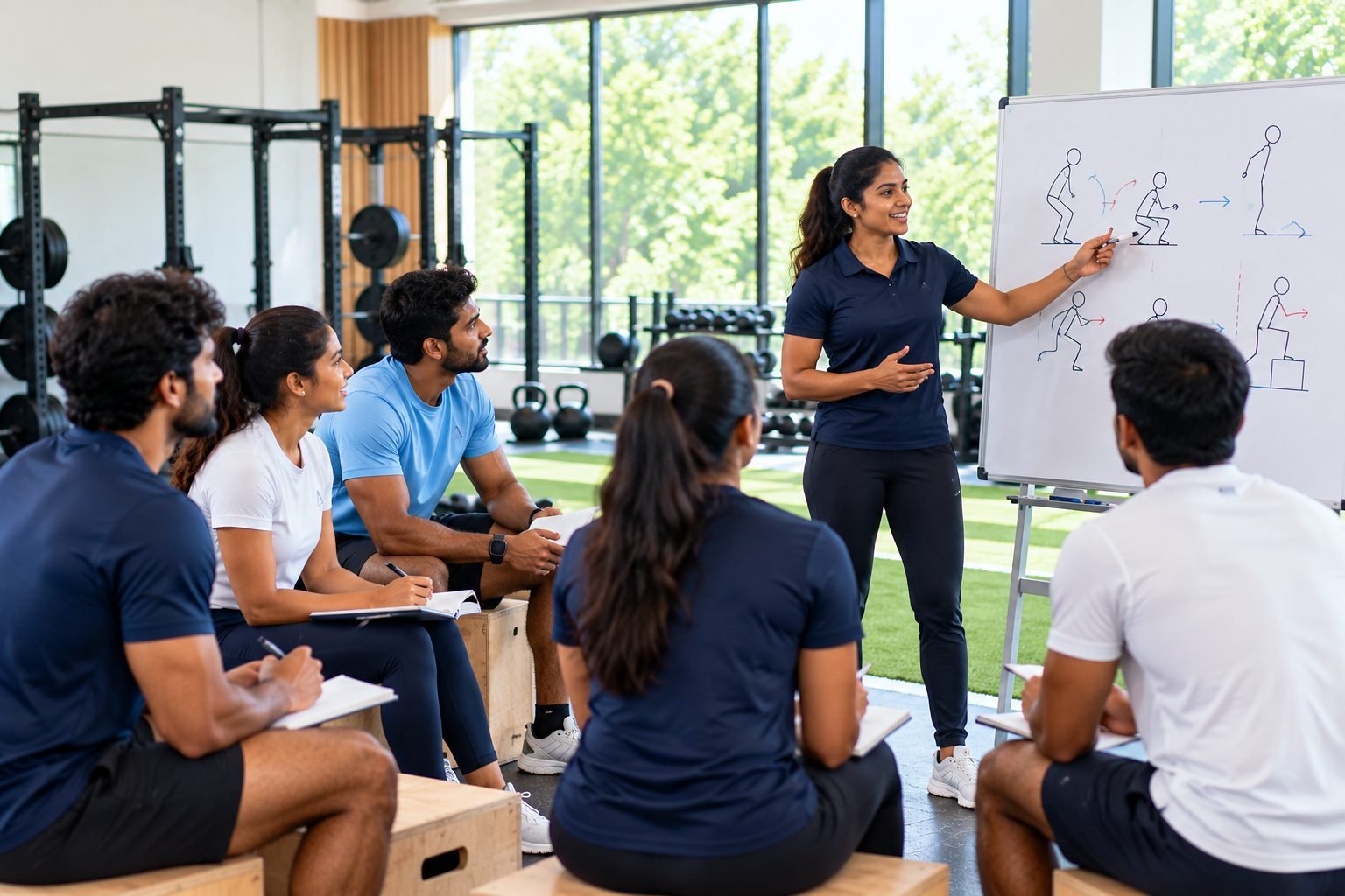 A coach teaching movement patterns at a whiteboard