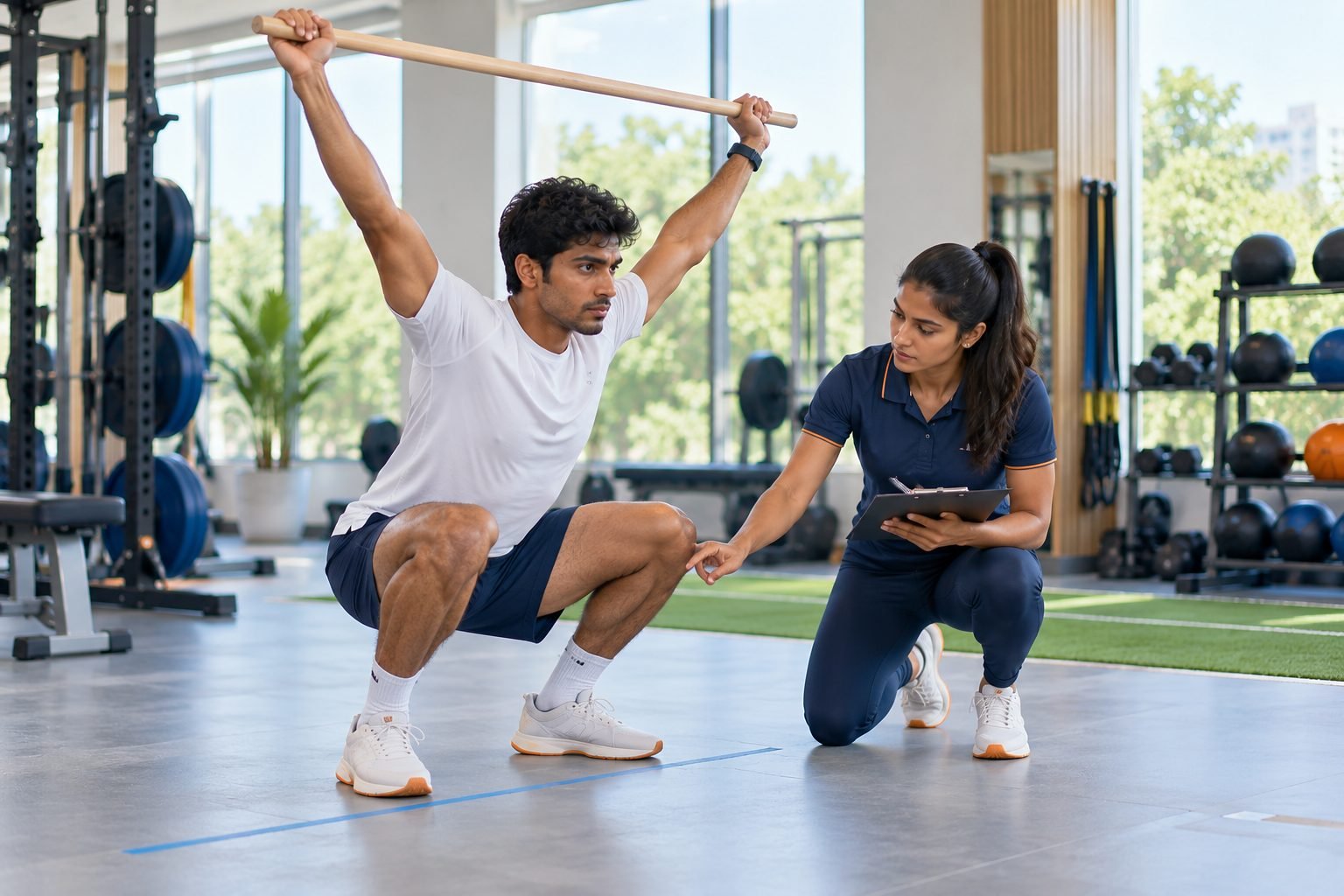 An overhead deep squat during a movement screen