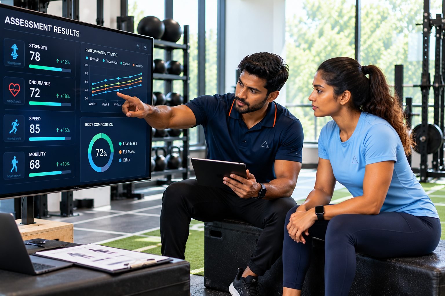 A coach walking a client through assessment results