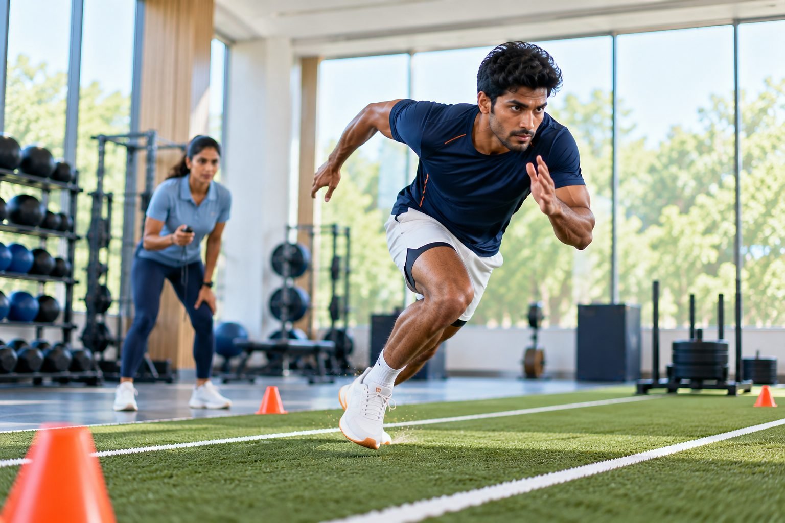 An athlete exploding out of a sprint start