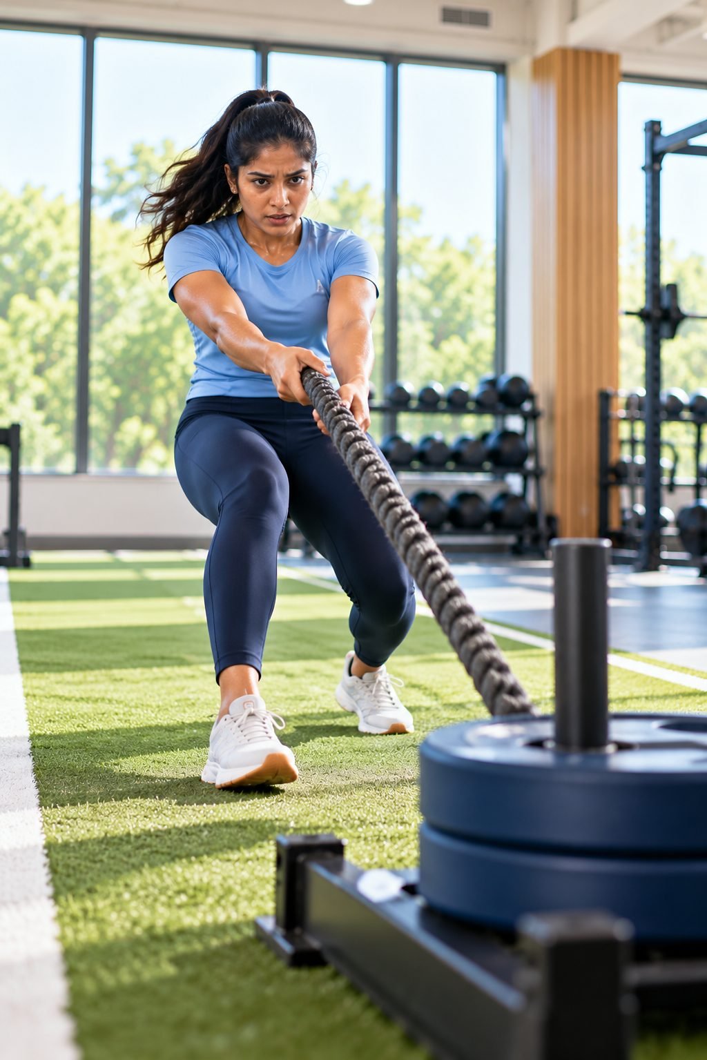 An athlete pulling a sled with a rope