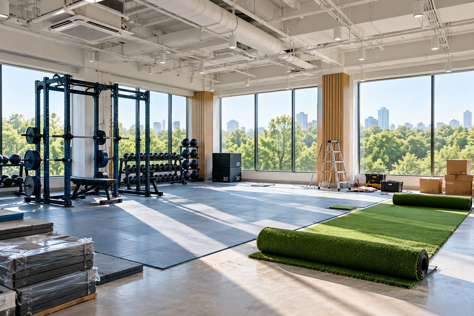 An upper-floor gym space during fit-out with treetops outside