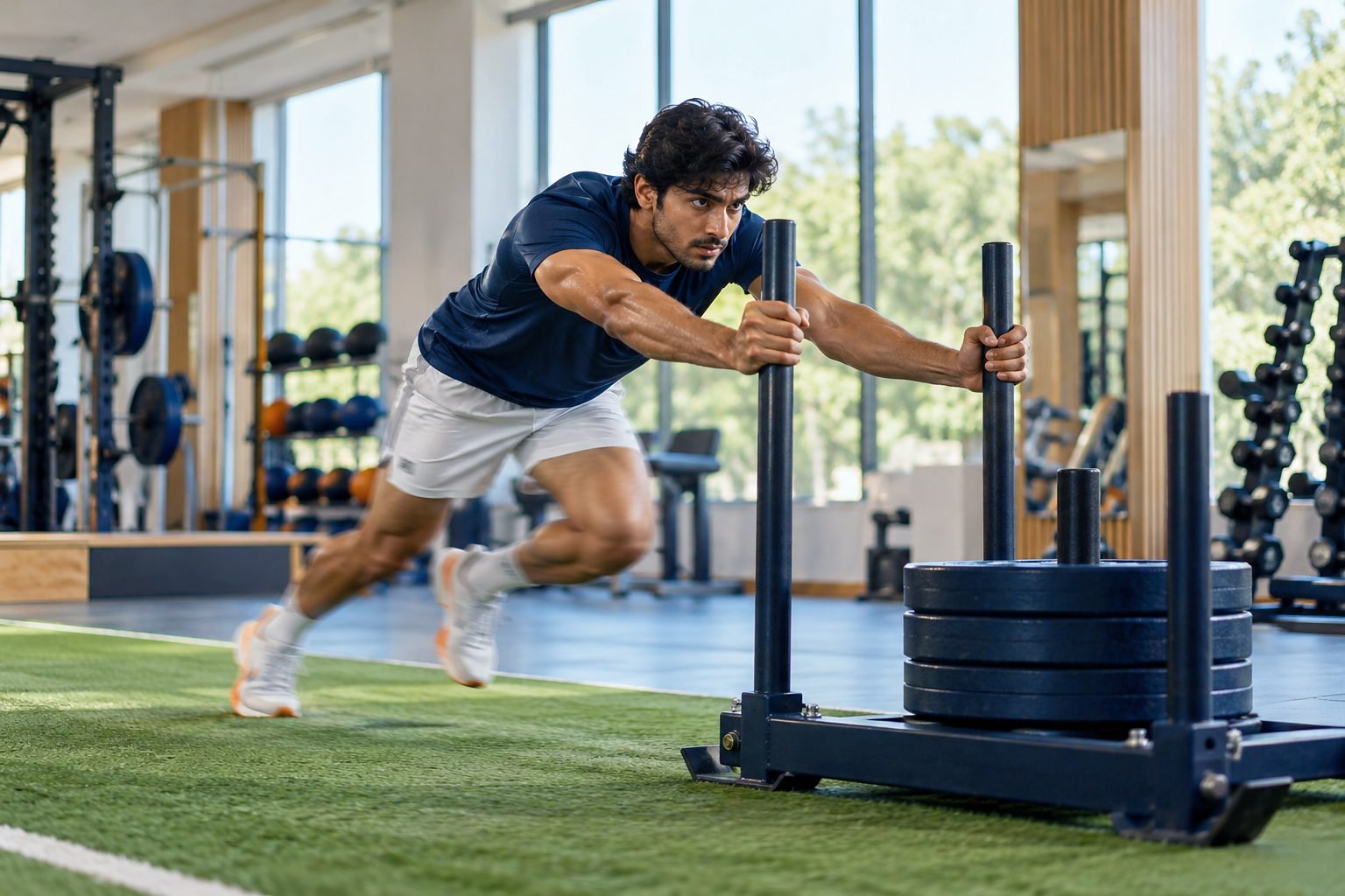 An athlete driving a loaded sled across turf