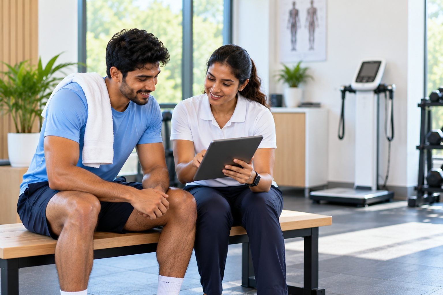 A sports scientist explains assessment results to a client