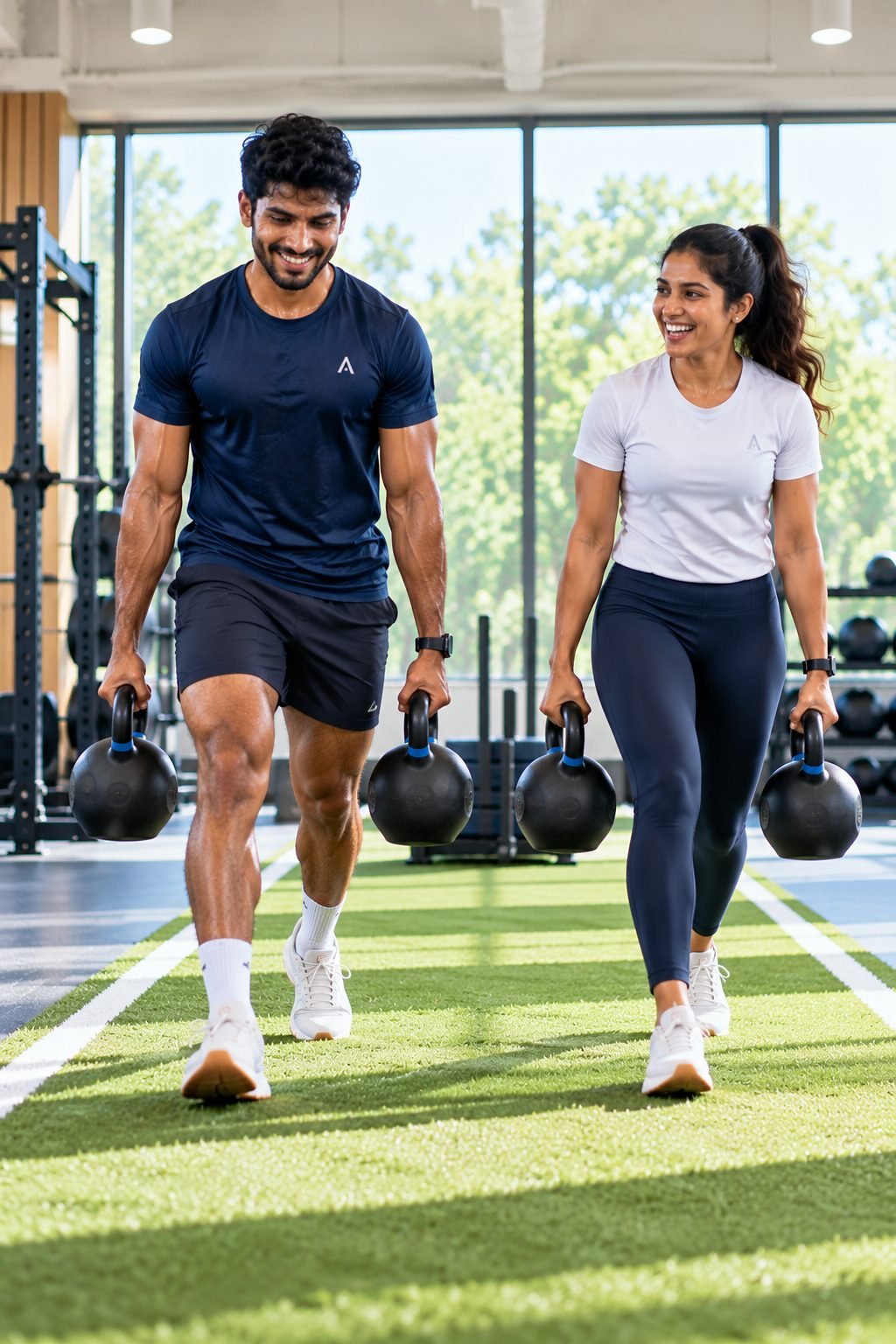 Two athletes doing farmers carries down the turf lane