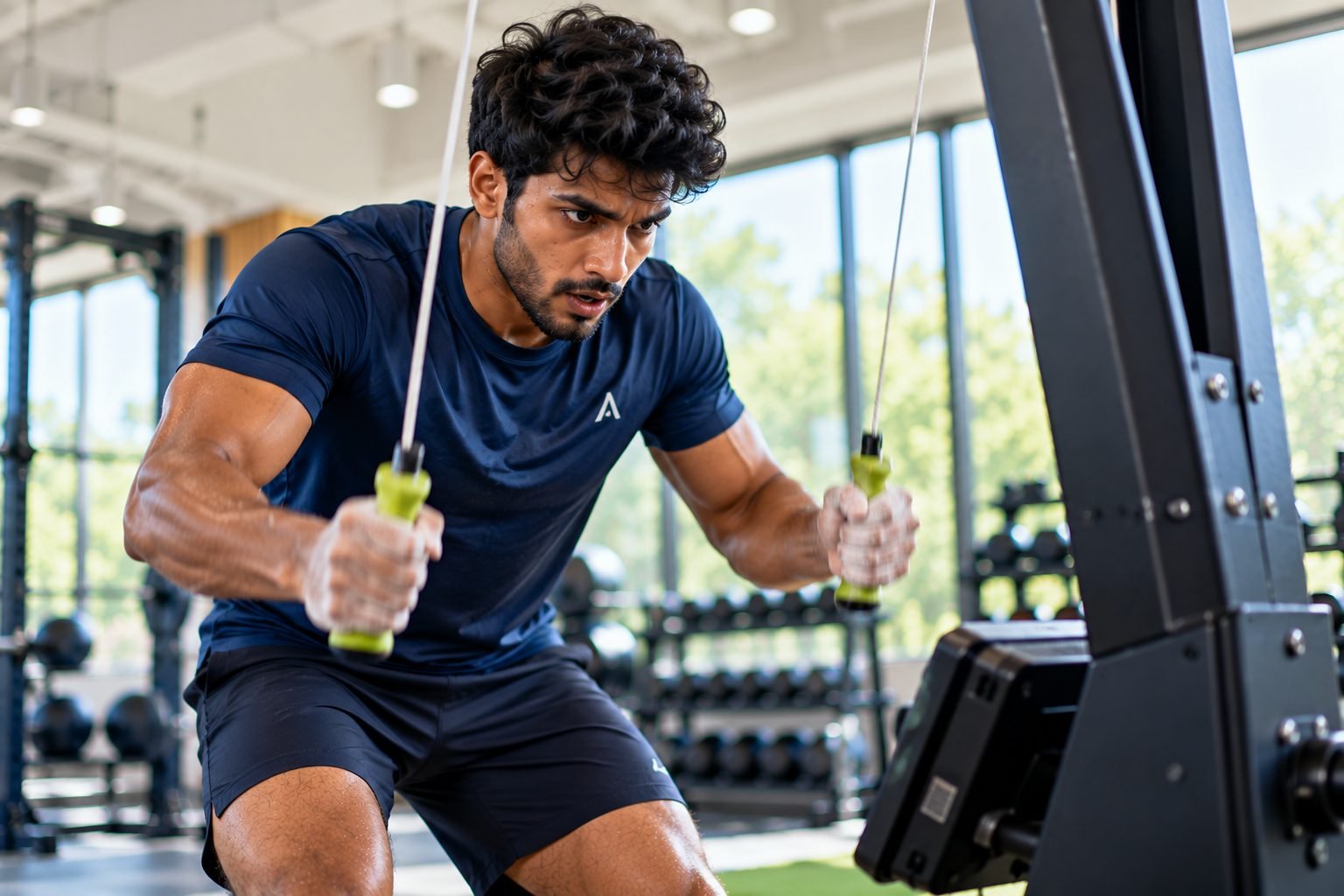 An athlete pulling ski ergometer handles mid-stroke