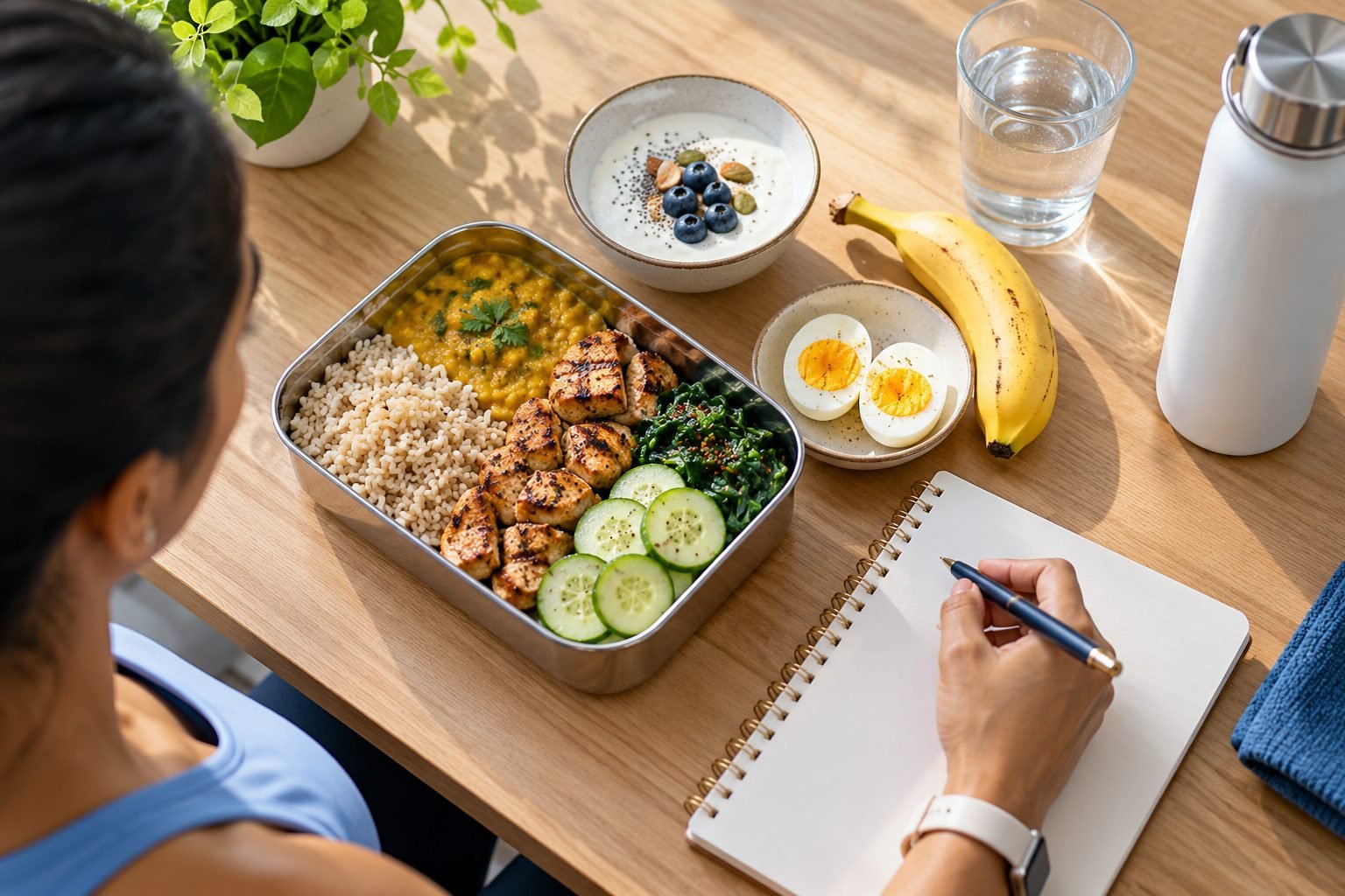 A balanced meal-prep box with rice, dal, chicken and vegetables