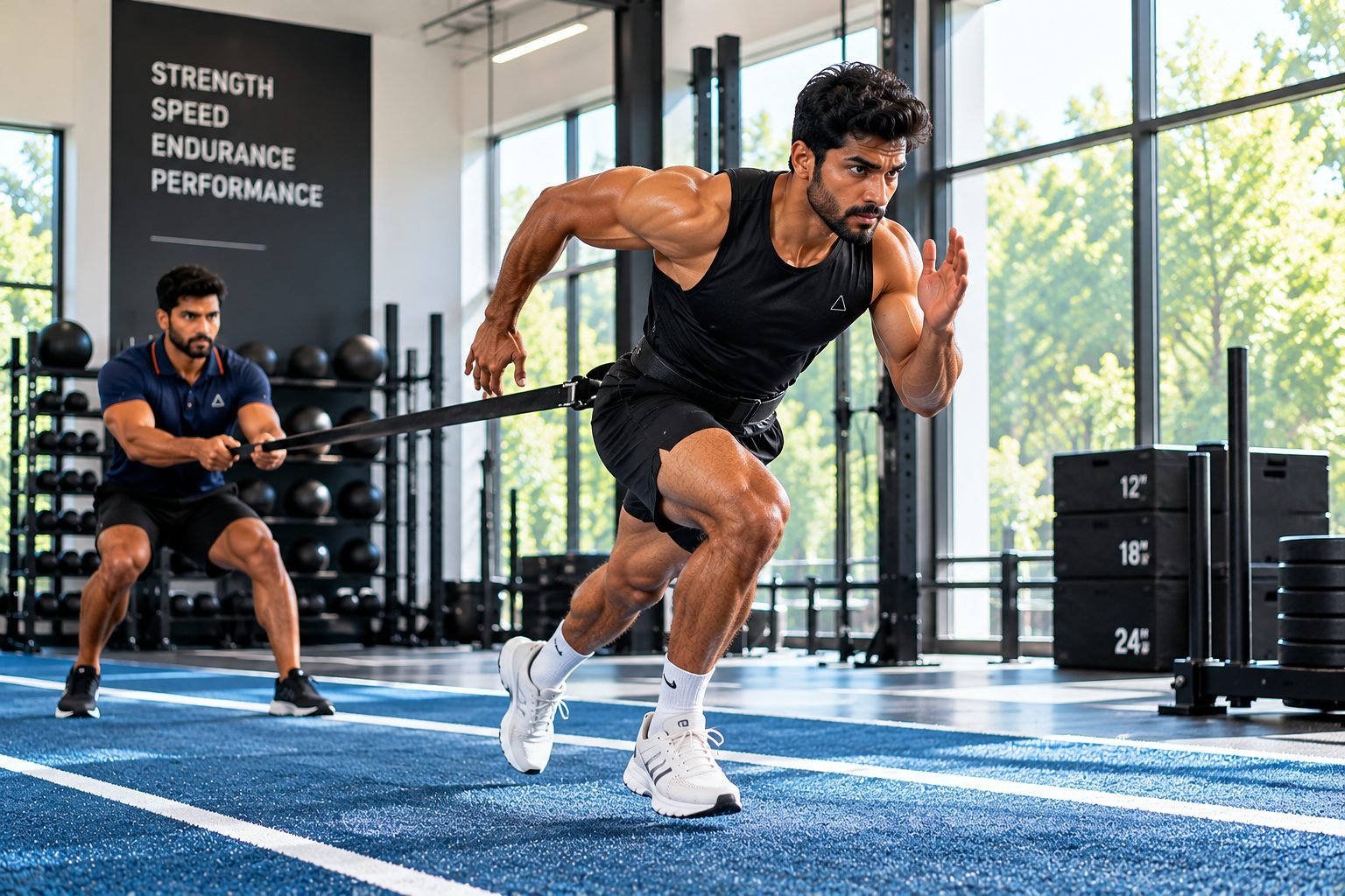 A coach holding a resisted-sprint harness as an athlete drives forward