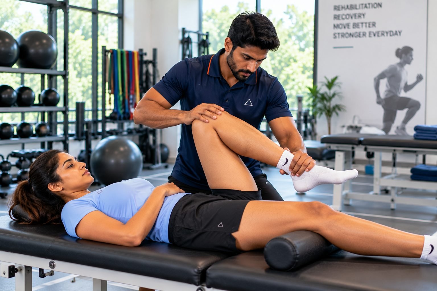 A physiotherapist assessing an athlete's hip and knee on a treatment bench