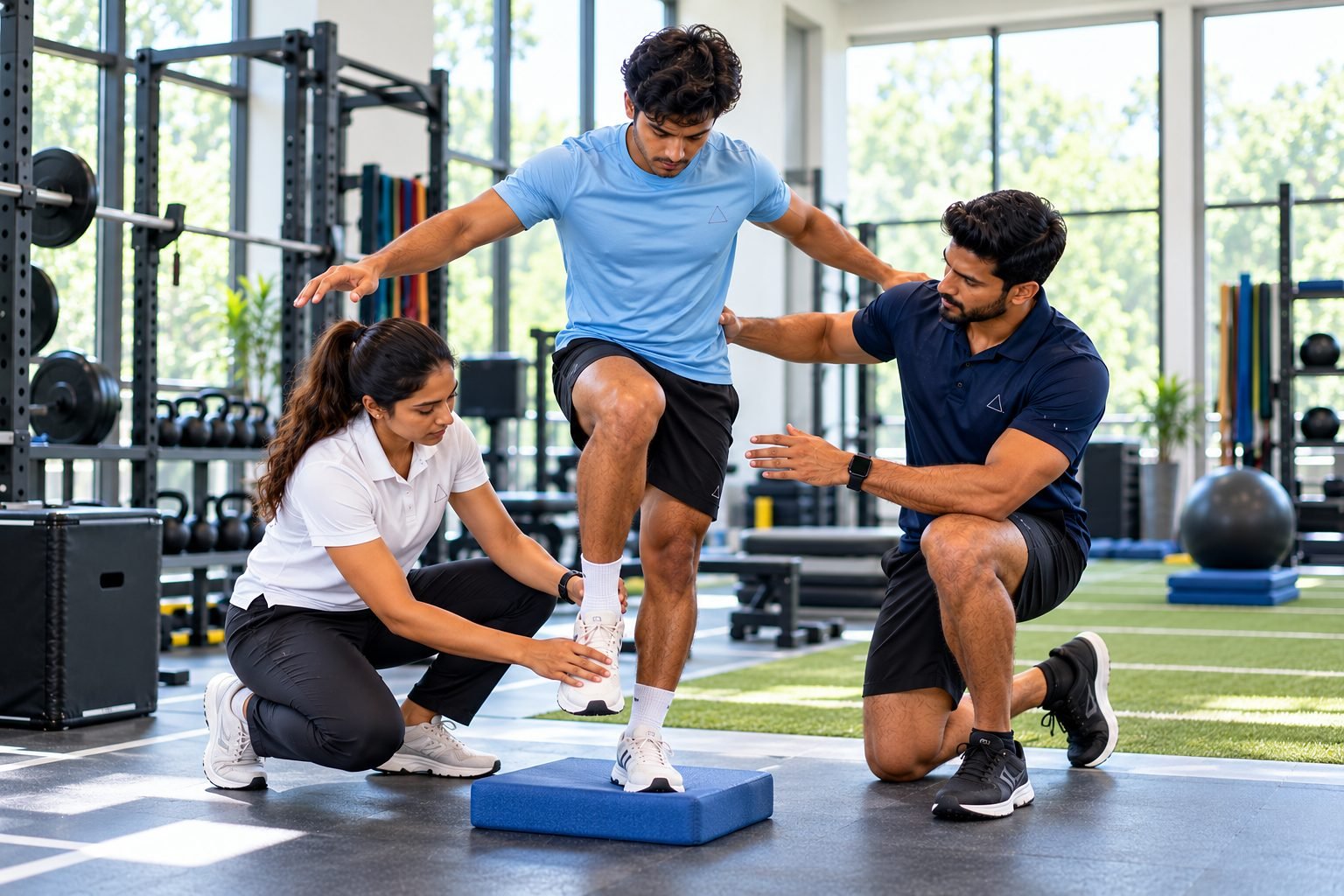 A physiotherapist and a coach working with the same athlete