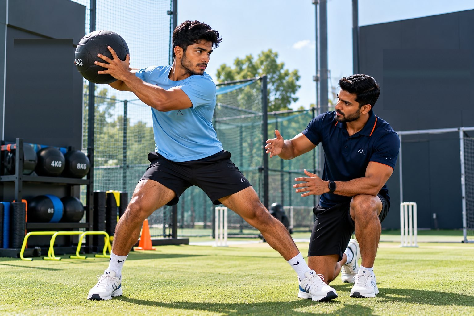 A coach watching a cricketer's rotational medicine-ball throw