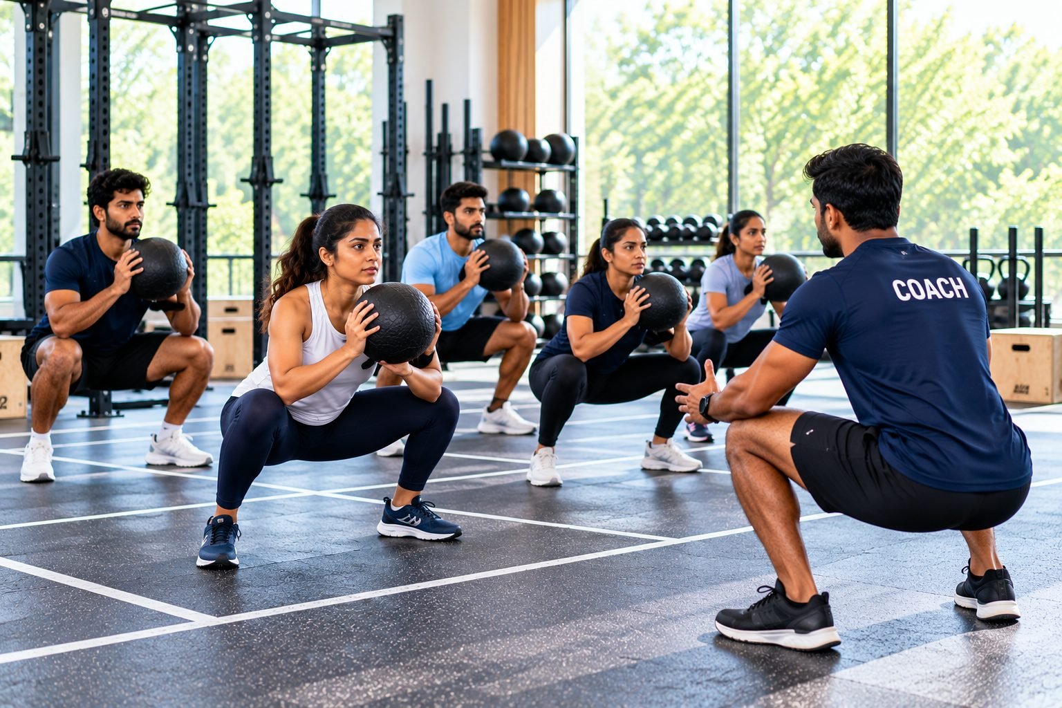 A coach leading a group through goblet squats