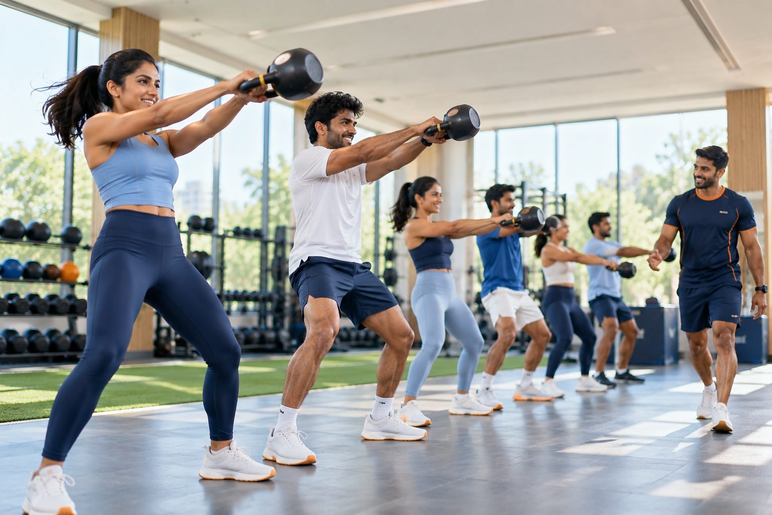 A coach-led group doing kettlebell swings