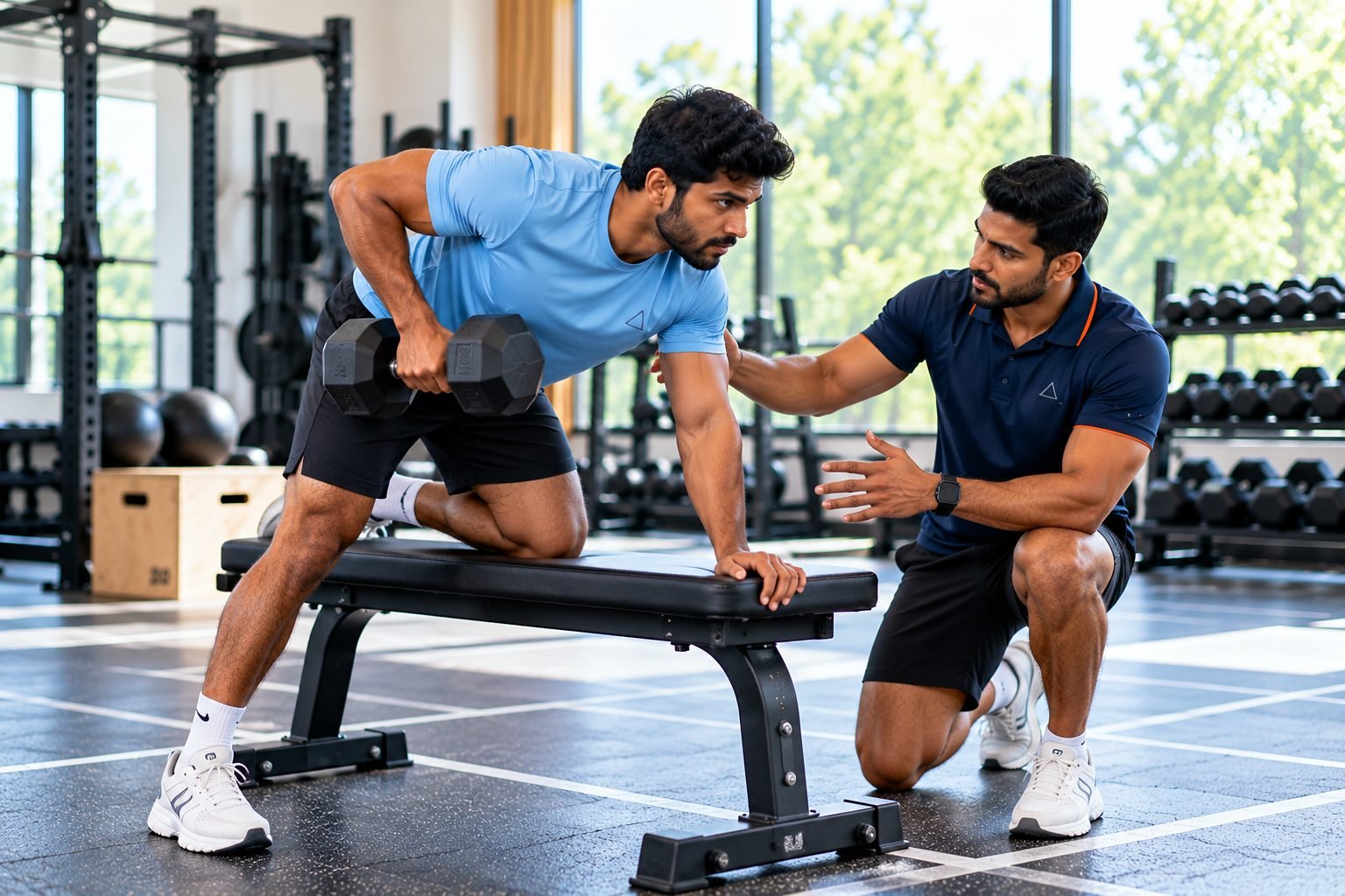 A coach cueing a single-arm dumbbell row
