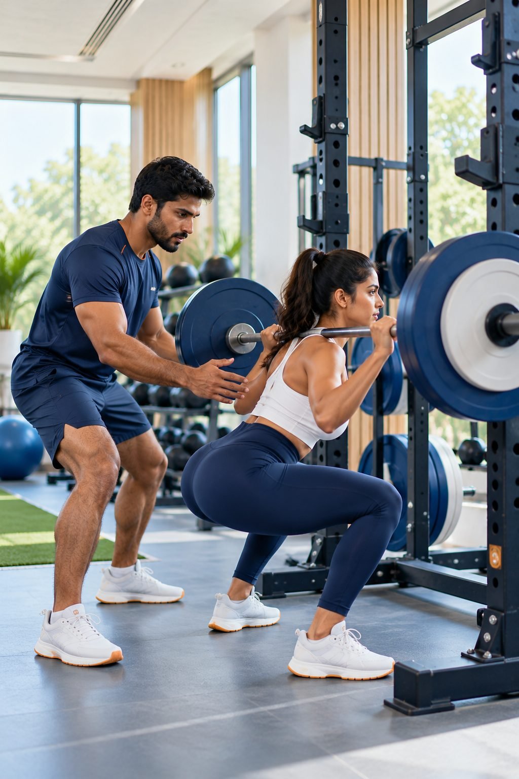 A coach spotting a barbell squat